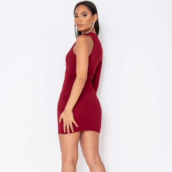 Burgundy Long Sleeve One Shoulder Bodycon Mini Dress - Picture 5 of 8